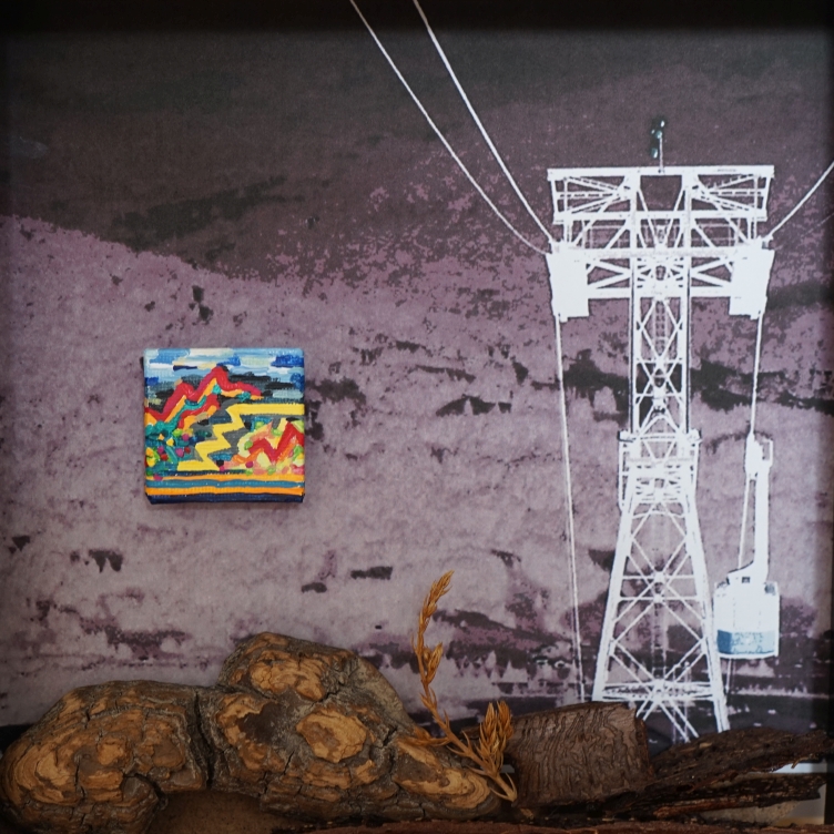 Artwork (object frame) refering to the Alpensinfonie by Richard Strauss. Acrylic on cardboard, photo, objects. Michael Haverkamp, 2021