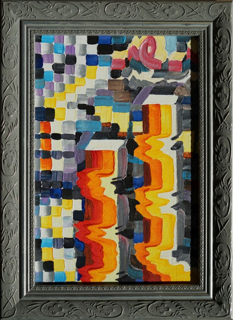 Johann Sebastian Bach, Sonata for Recorder and Piano F major, based on Sonata in E-flat Minor for Flute and Harpsichord BWV 1031. 3. Allegro moderato. Acrylic on cardboard. Michael Haverkamp, 2022
