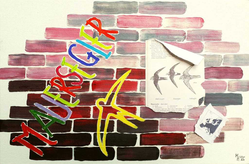 Michael Haverkamp: "Mauersegler graffiti", acrylic on cardboard, 2015. Contribution to Global Swift Project initiated by Ninghui Xiong. The graffiti shows the German word for swift as it appears due to my color-graphem-synesthesia.