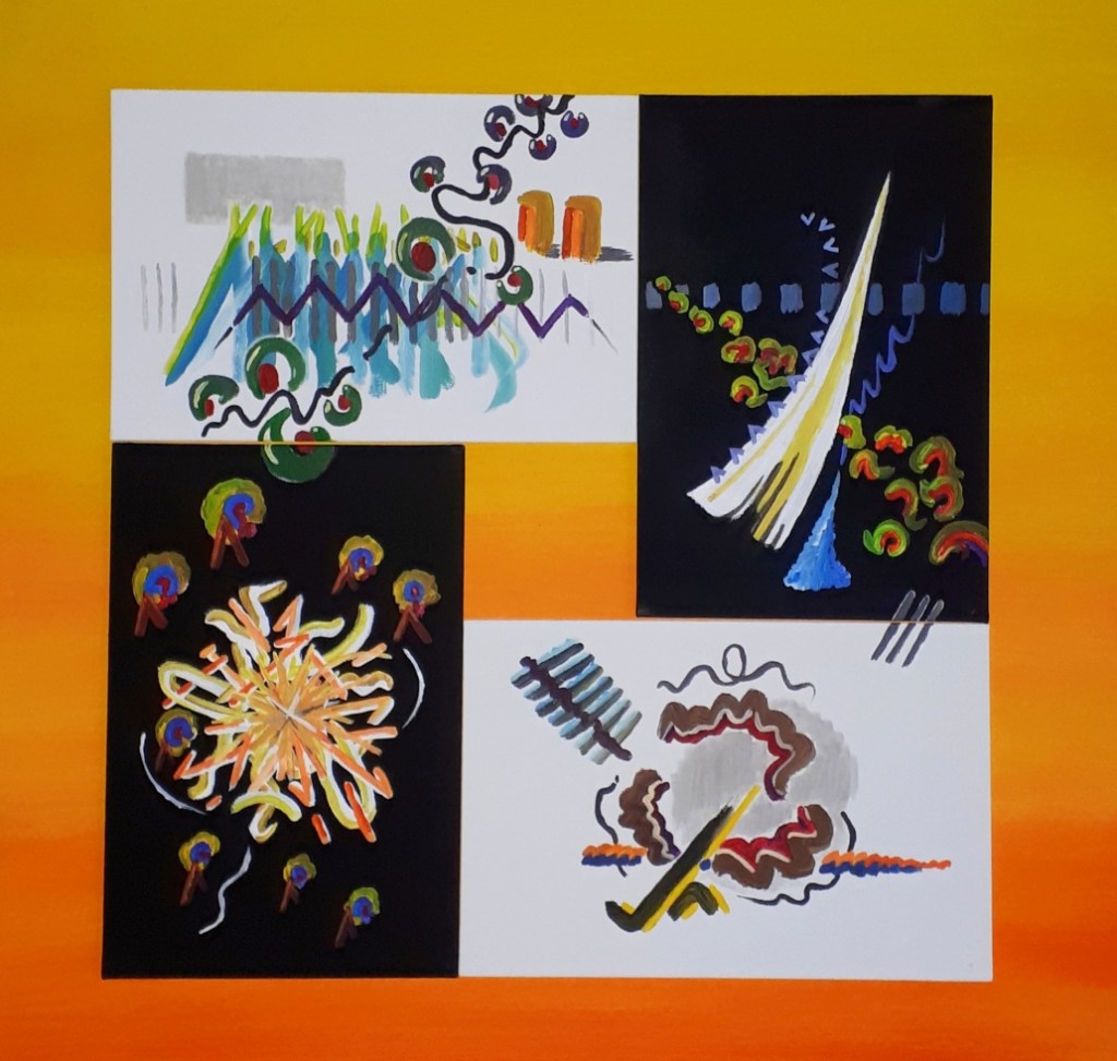 Michael Haverkamp: Synesthetic Visualization of four Sounds of a Coffee Dispenser, Acrylic on 4 Cardboards, 2025