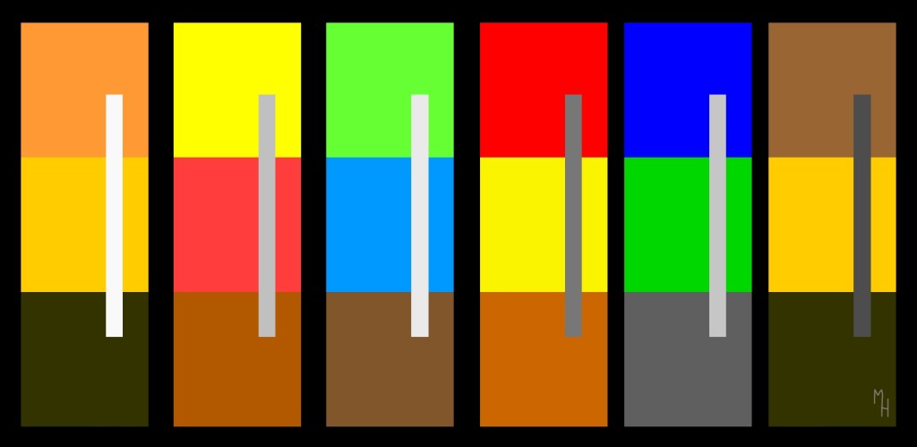 Michael Haverkamp: Computer graphic expressing the main colors of  the 6 "Brandenburgische Konzerte" by Johann-Sebastian Bach. These colors arise as result of my perception of the timbres of the solo instruments, 2001.
