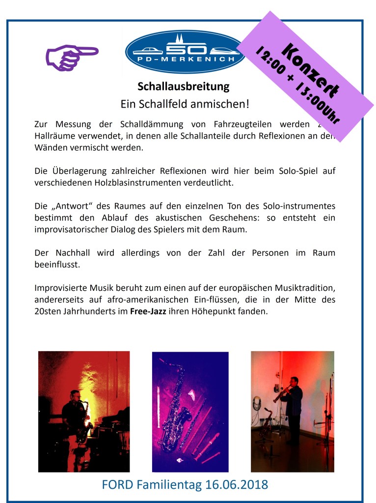 Michael Haverkamp: Announcement for my "Musik im Hallraum" event at Ford Development centre cologne, 2018