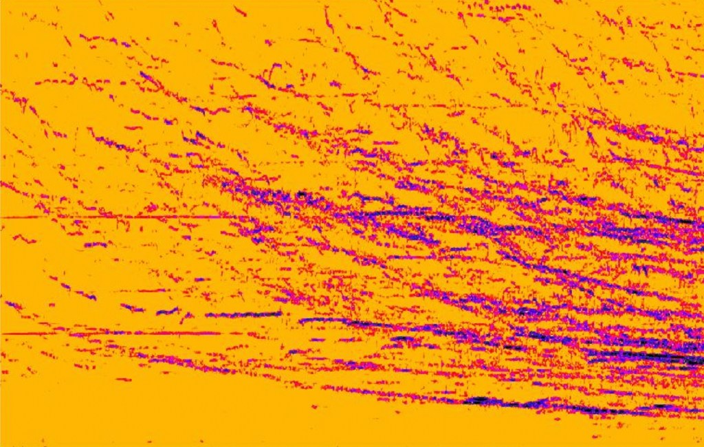 Michael Haverekamp: Music Graphics of an orchestral glissando from the 1st Symphony by Krzysztof Penderecki.. The transformation by the sound analysis software includes time (horizontally from left to right hand side), pitch (vertically) and sound pressure (colour scale)., 2006