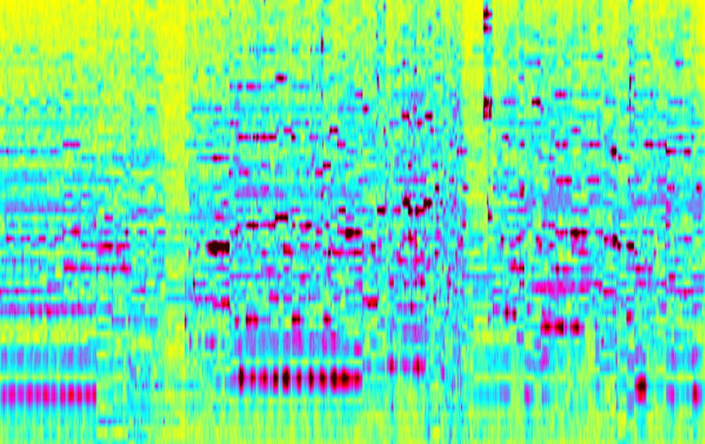 Michael Haverkamp: Music Graphics of "Farben" [colors] from 5 pieces for orchestra, op. 16, by Arnold Schönberg. Visualization based on mathematic-physical transformation performed by a sound-analysis software.