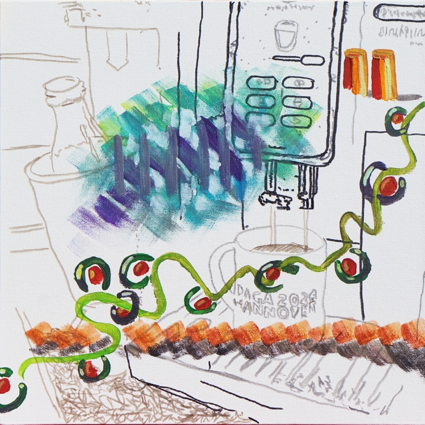 Synesthetic Visualization of the Sound of Dispenser pump of the coffee automat, Acrylic on cardboard, 2026
