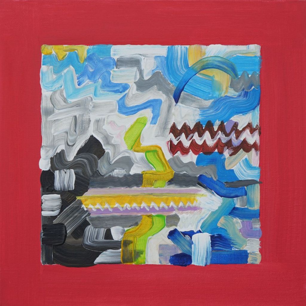 “Polyphonic aggregation I” Music painting refering to Dmitri Shostakovich: Symphony No. 2 B major, Op. 14 “To October”, third movement. Michael Haverkamp, acrylic on cardboard, 2021. 