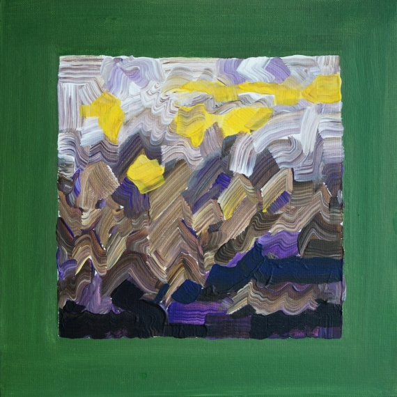 “Polyphonic aggregation I” Music painting refering to Dmitri Shostakovich: Symphony No. 2 B major, Op. 14 “To October”, first movement, score section 1-13. Michael Haverkamp, acrylic on cardboard, 2019. 