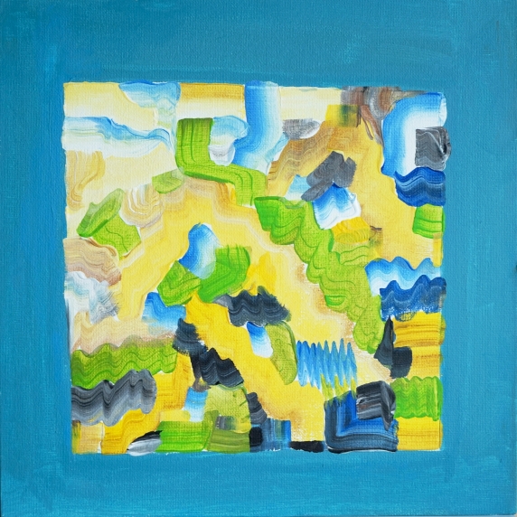 “Polyphonic aggregation I” Music painting refering to Dmitri Shostakovich: Symphony No. 2 B major, Op. 14 “To October”, second movement, score section 39-52. Michael Haverkamp, acrylic on cardboard, 2019. 