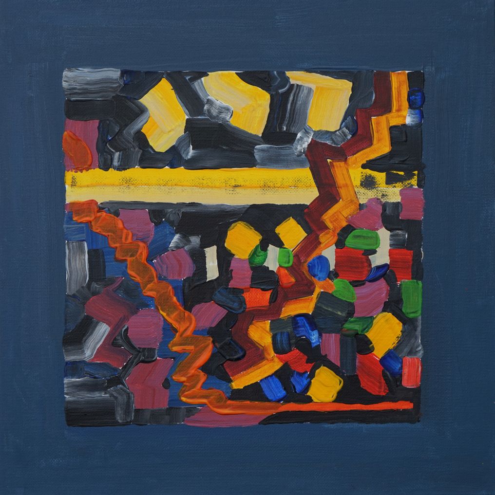 Music painting referring to "Galopp" from the opera "The Nose" by Dmitri Shostakovich. Michael Haverkamp, acrylic on cardboard, 2020.