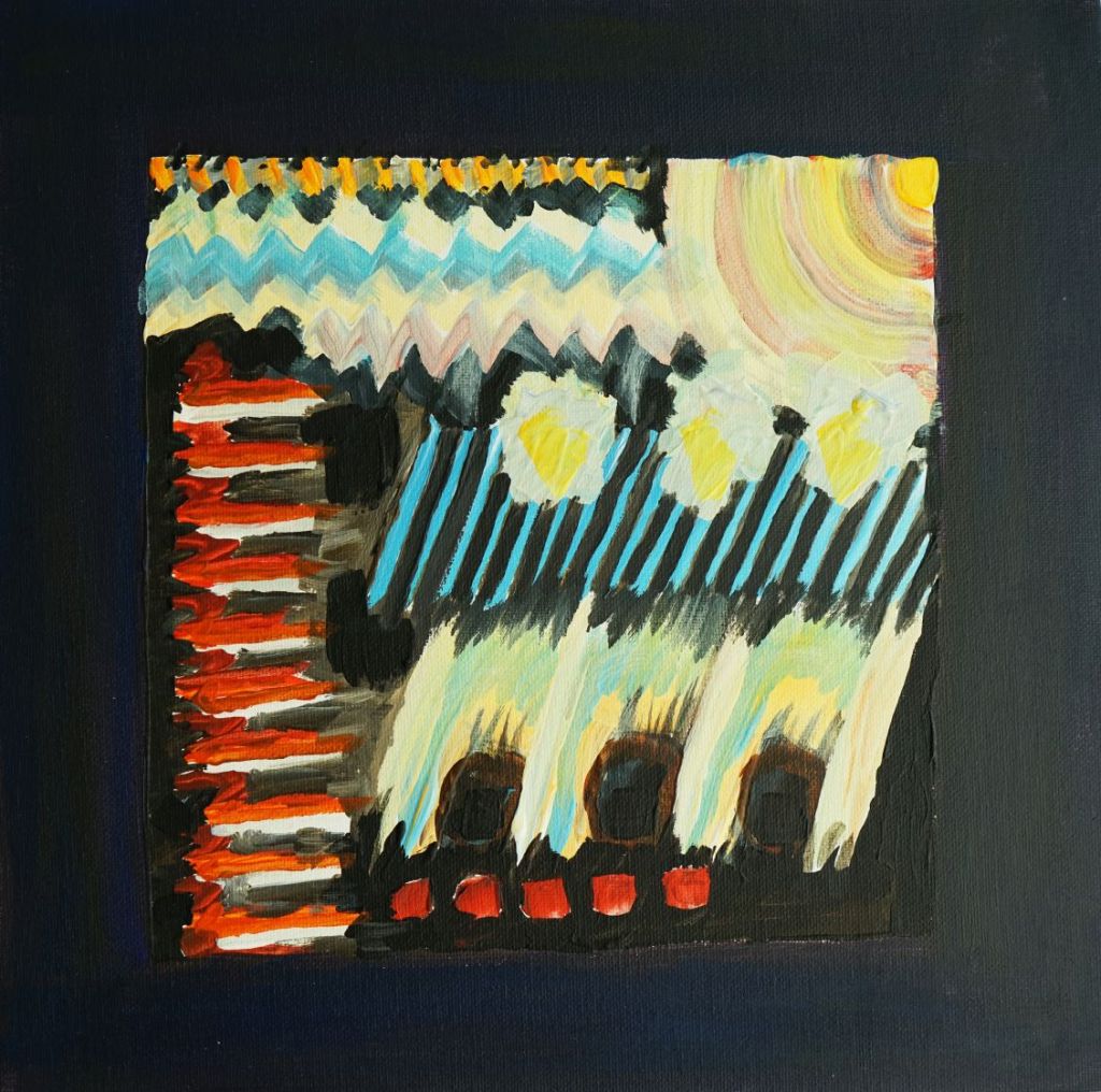 Music painting referring to "Interlude 1" from the opera "The Nose" by Dmitri Shostakovich. Michael Haverkamp, acrylic on cardboard, 2020.