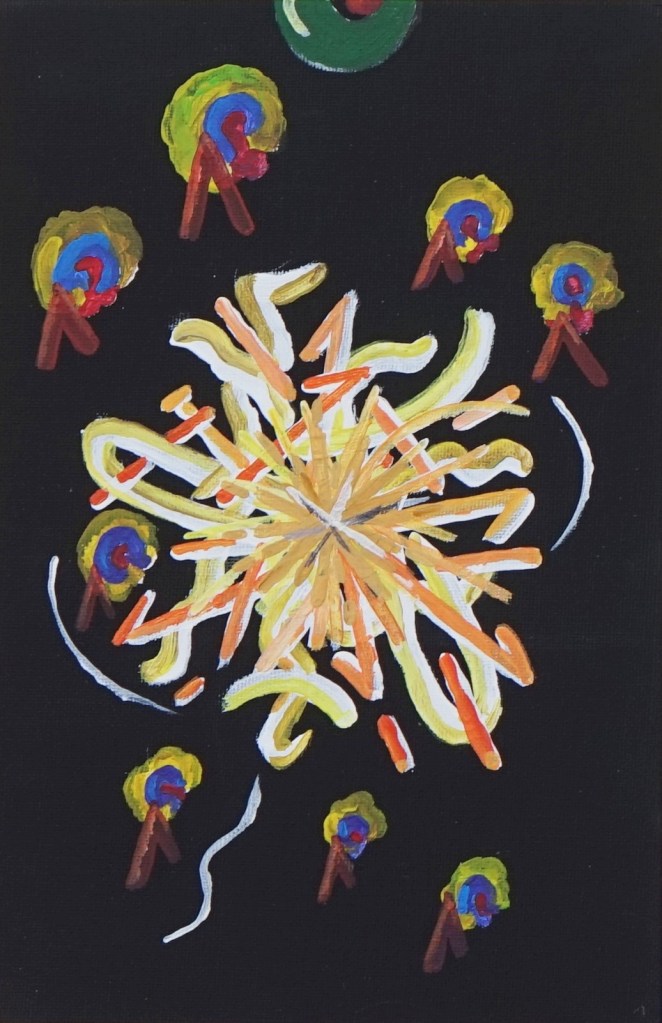 Michael Haverkamp: Synesthetic Visualization of the Sound of a Coffee Dispenser: Grinding, Acrylic on Cardboard, 2025