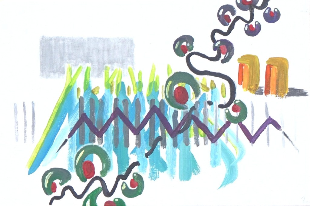 Michael Haverkamp: Synesthetic Visualization of the Sound of a Coffee Dispenser: Dispenser Pump/Coffee preparation, Acrylic on Cardboard, 2025